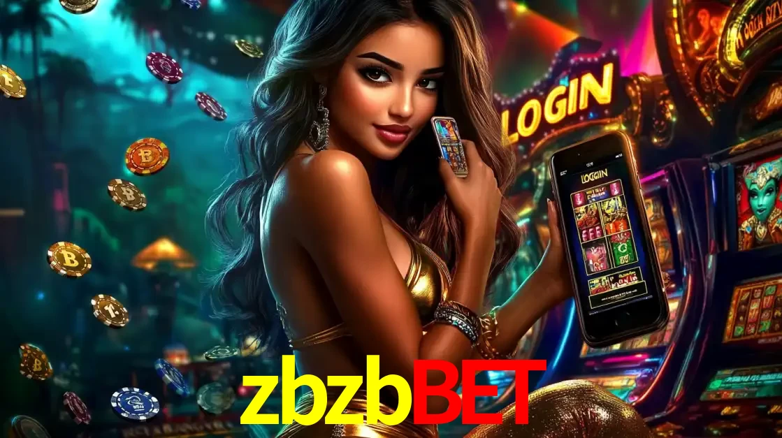 Mulher em um cenário de cassino temático de aventura, mostrando o app de caça-níqueis da zbzbbet no celular. Fichas de apostas flutuam ao redor.