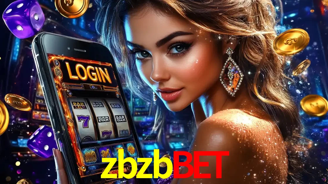Mulher glamorosa segurando um smartphone com a tela de login para os jogos de caça-níqueis do cassino online zbzbbet, com moedas de ouro e dados ao redor.