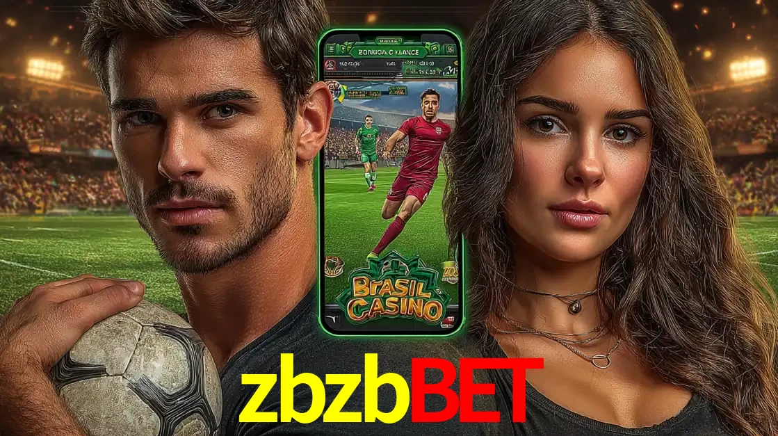 Homem segurando uma bola de futebol e uma mulher ao lado de um smartphone exibindo o jogo de apostas esportivas da zbzbbet. Faça seu palpite no cassino online.
